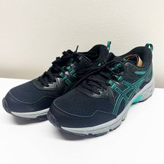 Asics Women's Gel-Venture 8 Running Shoes Black & Teal New With Tags, No Box. Ships Same Or Next Day. Black Trail Running Shoes With Gel Cushioning, Black Walking Shoes With Gel Cushioning For Outdoor, Black Walking Shoes With Gel Cushioning For Outdoor Activities, Black Casual Walking Shoes With Gel Cushioning, Casual Black Walking Shoes With Gel Cushioning, Asics Trail Running Shoes With Cushioned Footbed For Hiking, Asics Hiking Sneakers With Cushioned Footbed, Casual Sneakers With Gel Cushioning For Hiking, Black Outdoor Running Shoes With Gel Cushioning