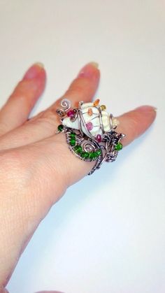 Snail shell ring, Leaf ring, Silver ring, adjustable ring, Wire wrapped ring, unique ring, Multi stone ring, ring jewelry, gift for her Snail Ring, Colorful Ring, Summer Colours, Ring Wire, Weird Gifts, Snail Shell, Wire Wrapped Ring, Etsy Stuff, Jewelry Drawing