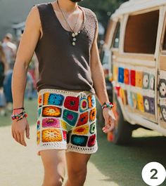 Crochet Festival Mens Shorts 100% Hand Knitted  Please Choose the number of the crochet shorts style you like at check out  🎉🛍️ Get Ready for a Delightful Treat! 🛍️🎉 🌟 30% OFF SALE HAS BEGUN! 🌟 Step into a world of style with our exclusive sale. Grab your favorites now and save big while stocks last! 🚚 Shipping Details: 🕒 Estimated Delivery: 2-5 Business Days 🚀 Express Shipping on ALL Orders: US  CAN  UK  EU  UK 🇬🇧 See more of our Men's knit shorts here:  https://www.etsy.com/shop/CHA Crochet Mens Shorts, Granny Square Shorts, Boho Clothing Men, Crochet Mens, Hippie Shorts, Mens Poncho, Boho Festival Outfit, Womens Lace Shorts, Festival Outfits Men