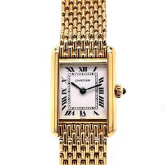 Cartier Tank Louis Cartier 18K Yellow Gold Grain De Riz Mesh Bracelet | Twain Time Cartier Gold Watch, Tank Louis Cartier, Cartier Tank Louis, Cartier Tank Solo, Louis Moinet, Michael Kors Lexington, Cartier Gold, Gold Watch Men, Cartier Tank