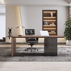 an office with a desk, chair and bookshelf in the middle of it