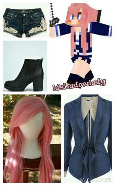 four different images of women's clothing and shoes, one with long pink hair