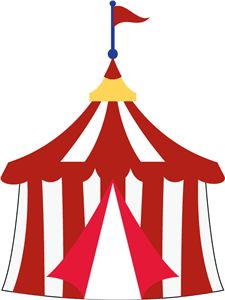 a red and white striped circus tent with a flag on it's top, viewed from the front