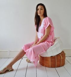 Kaftan, Pink & White Marrakech Resort Caftan Kaftan -beach cover ups, resortwear,loungewear, maxi dr Beach Kaftan Dress, Bohemian Wear, Beach Caftan, Beach Kaftan, Moroccan Kaftan, Modest Style, Moroccan Dress, Holiday Wear, Summer Gifts