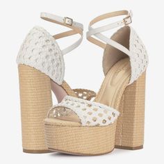 Chic And Elegant, The Aditi Platform Sandal From Jessica Simpson Is A Must-Have In Your Shoedrobe. This Color-Blocked Sandal Flaunts Basket Woven Details On The Upper For An Enhanced Look And A Towering Block Heel With Unique Textures That Adds To The Style. Synthetic Upper Adjustable Buckle Strap Closure Almond Open Toe Synthetic Lining Comfortable Padded Footbed 1.8" Platform, 5.6" Block Heel Synthetic Sole Imported Nwob Store Marking At Outsoles White Platform Sandals For Vacation, Chic Heels With 4-inch Heel For Vacation, Vacation Heels With 4-inch Heel, Vacation High Heels, White Sandals With 4-inch Heel For Spring, White Closed Toe Wedge Sandals For Spring, White Closed Toe Sandals For Spring, White Synthetic High Heel Wedge Sandals, White Wedge Heel Sandals With Heel Strap