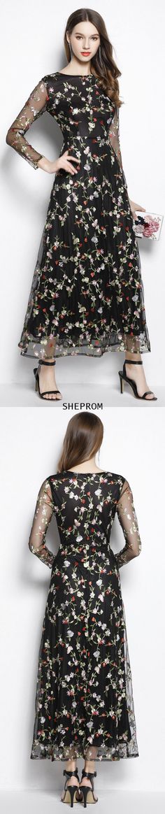 Gorgeous long sleeve floral party dress Long Sleeve Floral Print Organza Dress, Black Long Sleeve Dress With Floral Embroidery, Black Floor-length Dress With Floral Embroidery, Black Floral Embroidery Floor-length Dress, Black Floral Print Floor-length Maxi Dress, Floral Party Dress, Party Dress Long Sleeve, Formal Dresses Prom, Evening Party Dress