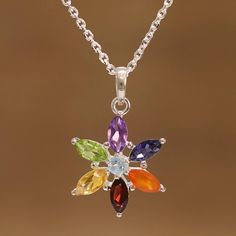 Multi-Gemstone Floral Pendant Necklace from India - Floral Chakra | NOVICA Floral Pendant Necklace, Carnelian Pendant, Citrine Necklace, Ruby Pendant, Amethyst Color, Floral Pendant, Floral Necklace, Gemstone Necklace Pendant, Jewelry Packaging