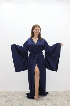 The kimono robe, a gorgeous dark Blue silk robe, will make a great addition to your wardrobe. A floor-length satin robe is suitable as a gift for a daughter-in-law. You can choose the color you like the most. If you need a different size, write to me and I will make a size just for you Blue Silk Robe, Silk Robes, Robes For Women, Silk Kimono Robe, Silk Robe, Daughter In Law, Pajama Robe, Womens Robes, Satin Silk