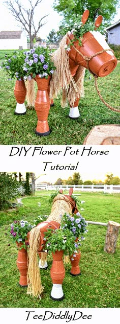 two pictures showing how to make a flower pot horse