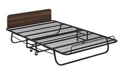 a metal bed frame with wooden headboard and foot board on it's side