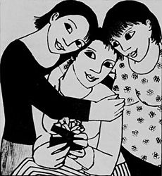 a drawing of three people hugging each other