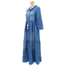 Season: Spring,FallSize: S,M,L,XL,2XLColor: BlueSleeves: 3/4 SleeveNeck: V NeckStyle: CasualPattern Type: SoildDress Length: Ankle LengthOccasion: DailyFabric: PolyesterPackage Contents: 1* Dress, without Accessories Ruffle Long Dress, Hip Clothes, Dress Denim, Jeans Dress, Ankle Length, Denim Dress, Sleeve Dress, Dress Length, Duster Coat