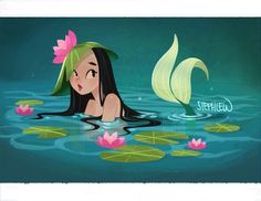 a girl in the water with lily pads on her head