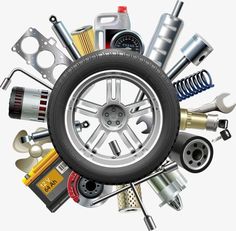 an assortment of car parts arranged in the shape of a wheel