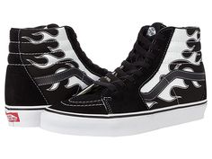 Vans SK8-Hi - Skate Shoes : (Flame) Black/White : Keep it old school every step of the way with the classic Vans SK8-Hi skateboard shoes! High-top skate shoes with a classic silhouette and Sidestrap detail. Uppers of suede, leather, or canvas. Cotton drill lining. Padded collar for added comfort and support. Triple-stitch collar adorns collar. Die-cut EVA insert. Vulcanized construction: • Slimmed-down profile offers a flexible feel. • Gum rubber outsole with signature waffle tread provides supe Trendy High-top Sneakers For Skateboarding With Rubber Sole, Leather Canvas Shoes For Skateboarding With Round Toe, Leather Canvas Shoes For Skateboarding, High-top Sneakers With Rubber Sole For Skateboarding, Trendy High-top Skate Shoes For Skateboarding, Trendy High-top Skate Shoes, Vans Skate Shoes With Branded Insole For Streetwear, Leather Canvas Shoes For Skateboarding With White Sole, Leather Canvas Shoes With White Sole For Skateboarding