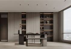 a modern dining room with built in shelving units and a bench next to the table