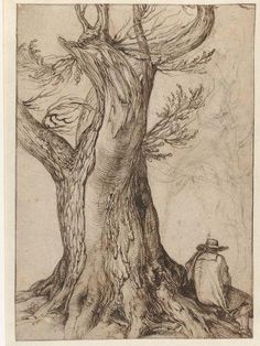 a drawing of a tree with a man sitting on the ground in front of it