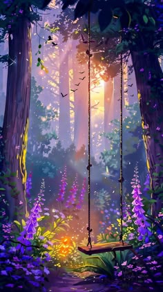 a swing in the middle of a forest filled with purple flowers and birds flying overhead