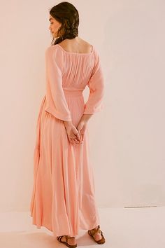 Romantic and ethereal, this sweet maxi from our free-est collection is a true versatile staple. **Fit:** Billowy throughout with cinched waist **Features:** V-neckline, smocked paneling at bodice, exaggerated sleeves, embroidered lace piecing at the skirt **Why We ❤ It:** Timeless with a sleek heel or laid back with simple flats, this style has endless ways to wear. | Dixie Maxi Dress by free-est at Free People in Pink, Size: S Exaggerated Sleeves, Pink Fits, Embroidered Lace, Coral Pink, Cinched Waist, Small Bust, Boho Outfits, Summer Collection, Smocking