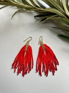 red beaded earrings with gold accents on a white table next to palm leaves and a plant