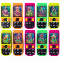 six colorful cell phones sitting next to each other