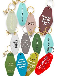 BOGO: Buy One, Get One Free!These vintage motel keychains are 1.75" W x 3.5" H 9 (unless otherwise noted). Materials range from polyurethane plastic to faux leather. Choose From: Wanderlust: Wanderlust . 1.75" W x 3.5" L, color blue Adventure Awaits: Add a pop of color with a vintage twist to your keys! Pastel Green Motel Key Tags have trendy phrases with our signature charm. Key Tag Reads: Adventure Awaits, Let's Go Glamping It's My Journey: These vintage motel keychains are 1.75" W x 3.5" H. Materials plastic. Dual jump rings keep your keys tight. Best Babes: These vintage motel keychains are 1.75" W x 3.5" H. Materials: faux leather. Dual jump rings keep your keys tight. Pseudo-leather material stops your keys from clanking togetherBest Day Ever:These vintage motel keychains are 1.75" W Trendy Phrases, Motel Key, Vintage Motel, Go Glamping, Key Tags, Buy One Get One Free, Life Happens, Buy One Get One, Pastel Green