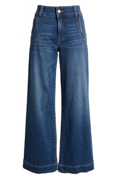 Make a casual-chic statement in these faded jeans featuring wide legs and low-stretch denim. 30 1/2" inseam; 22" leg opening; 11" front rise: 14 1/2" back rise (size 2) 93% cotton, 6% polyester, 1% spandex Machine wash, tumble dry Imported Clothes For Short Women Body Types, Best Wide Leg Jeans For Women, 2024 Pants Trend, Petite Wide Leg Jeans, Wide Leg High Waist Jeans Outfit, Style For Women In Their 30s, What To Wear With Wide Leg Jeans, Women’s Jeans, High Waisted Wide Leg Jeans Outfit