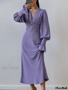 Olivia Mark - Elegant Lantern Sleeve Chiffon Dress with Cinched Waist in Purple - Formal Cocktail Dress Straight Midi Dress, 1940 Dress, Wrap Dress Long, Long Dress Plus Size, Sukienki Plus Size, Evening Dresses With Sleeves, Flare Sleeve Dress, Retro Mode, Women's Evening Dresses