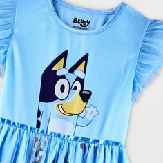 Your kiddo will love lounging on their bed in this Bluey Dress-Up Nightgown. Designed in a blue hue, this nightgown features a graphic of Bluey on the bodice with an allover print on the skirt for a fan-favorite look. Made from lightweight fabric, this nightgown offers them all-night comfort, while the cap sleeves with ruffles and sheer mesh overlay lend it an extra sweet flair. Cute Character Print Dress For Sleepover, Playful Light Blue Sleepwear For Pajama Party, Playful Blue Sleepwear For Spring, Playful Light Blue Sleepwear For Bedtime, Cute Light Blue Sleepwear For Sleepover, Blue Cotton Dress For Pajama Party, Blue Character Print Sleepwear For Pajama Party, Blue Character Print Sleepwear, Cute Blue Sleepwear