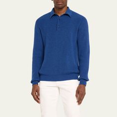 Kiton solid polo sweater in ribbed cashmere Spread collar Three-button placket Long sleeves Ribbed cuffs and hem Pullover style Cashmere Made in Italy Mens Cashmere, Polo Sweater, Bergdorf Goodman, Button Placket, Pullover Styling, Tops Designs, Cashmere, In Italy, Long Sleeves