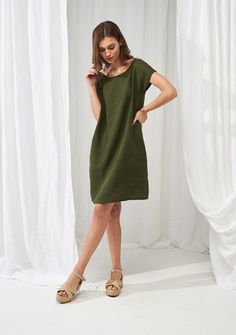 Simple linen tunic dress Teresa Relaxed Fit Linen Tunic Dress, Green Linen Dress With Relaxed Fit For Vacation, Green Linen Dress For Daywear, Green Relaxed Fit Linen Dress For Vacation, Summer Linen Tunic Dress, Green Relaxed Fit Linen Dress, Linen Shift Dress For Daywear, Short Sleeve Linen Shift Dress, Simple Linen Dress