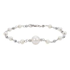 "This beautiful sterling silver freshwater cultured pearl bead bracelet is the perfect way to add a gorgeous new element to your daily look. This beautiful sterling silver freshwater cultured pearl bead bracelet is the perfect way to add a gorgeous new element to your daily look. Length: 7.5 in. Clasp: lobster-claw Metal: sterling silver Plating: rhodium Finish: polished, diamond-cut Packaging: boxedCULTURED PEARL DETAILS Type: freshwater Size: 4 mm - 4.5 mm & 8 mm - 9 mm Shape: near-round C Elegant Beaded Bracelets With Polished Beads, Sterling Silver Pearl Chain Bracelet, Elegant Polished Pearl Bracelet, Elegant Pearl Beaded Bracelets With Polished Beads, Elegant Adjustable Pearl Bracelet With Polished Beads, Elegant White Beaded Bracelets With Silver Beads, White Gold Pearl Bracelets With Round Beads, Elegant Sterling Silver Beads Bracelet, Elegant Pearl Bracelet With Polished Beads