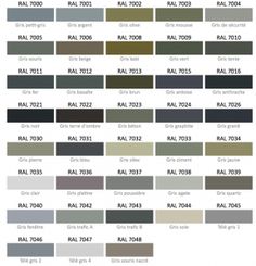 the color chart for all different paint colors in one page, with names and numbers on each