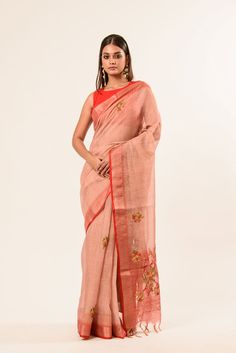 Explore our handcrafted sarees blending timeless elegance with exquisite hand-embroidery by skilled artisans. Crafted from premium cotton linen for comfort and style, perfect for adding sophistication to your wardrobe. Semi-stitched Cotton Silk Pre-draped Saree With Floral Embroidery, Traditional Pre-draped Cotton Silk Saree With Embroidered Border, Floral Embroidered Slub Silk Saree, Traditional Drape Embroidered Slub Silk Fabric, Traditional Pre-draped Floral Embroidered Tissue Silk Saree, Festive Cotton Silk Saree With Floral Embroidery, Festive Pre-draped Tussar Silk Saree With Floral Embroidery, Traditional Linen Wear, Wedding Tussar Silk Saree With Floral Embroidery