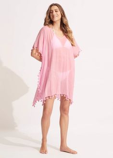 Lightweight and Loose Fitting Tassel Trim Side Splits Length: 85 cm (Seafolly AUS Size S/10) Fabric: 100% Cotton One size Pink V-neck Tunic For The Beach, Spring Beach Sleeveless Tunic, Sleeveless Tunic For Spring Beach Outing, Pink Tunic Cover-up For Vacation, Pink Short Sleeve Cover-up For Vacation, Pink Tunic Style Beachwear Cover-up, Pink Tunic Beach Cover-up, Pink Short Sleeve Beach Cover-up, Pink Tunic Cover-up For Beach