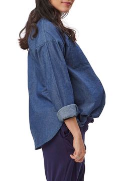 Breezy and lightweight chambray skims your growing bump in a timeless top that buttons at the front and is finished with easy-to-roll sleeves. Style Name:Stowaway Collection Chambray Maternity Top. Style Number: 6741814. Casual Denim Tops For Layering, Denim Blue Tops For Layering, Medium Wash Tencel Tops With Pockets, Long Sleeve Light Indigo Chambray Denim Top, Light Indigo Long Sleeve Chambray Denim Top, Cotton Denim Workwear Top With Snap Buttons, Denim Tops For Layering, Relaxed Fit Indigo Denim Top, Relaxed Fit Indigo Tops With Pockets