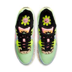 Air Max 90 WMNS Illusion Green features a crazy color palette that immediately caught our eye. The upper is craft from a collection of materials, with pastel green leather covering the toe box, leopard print, and light wash denim panels stretching across the sidewalls and lace unit and luminous colored eyelets. Lastly, pink-tinted Swooshes add a contrasting color to the side panels, matching the glittery outsole that sits below the clean white midsole. Green Sunset, Nike Air Max 90s, Air Max 90 Women, Air Max 90s, Athletic Models, Air Max 90 Premium, Nike Models, Black Liner, Nike Air Max For Women