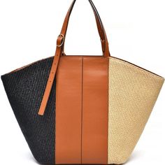 New Ldt Large Color Block Leather And Straw Panel Tote Bag Chic Cognac Shoulder Bag With Braided Handles, Modern Brown Straw Bag With Double Handle, Chic Brown Straw Bag With Removable Pouch, Modern Leather Bucket Bag For Vacation, Chic Leather Shoulder Bag For Vacation, Chic Leather Vacation Bags, Chic Leather Bags For Vacation, Brown Leather Straw Tote Bag, Brown Leather Tote Straw Bag