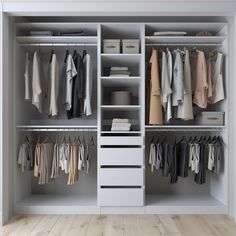 an organized closet with clothes hanging on the shelves and drawers in front of it, along with other items