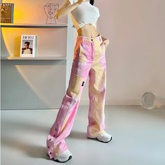 Product ID: JW4489 
 Material: Denim 
 Color: Pink and Yellow 
 Size Info: 
 S   Waist 64 cm, Hip 89 cm, Length 104 cm 
 M  Waist 68 cm, Hip 93 cm, Length 105 cm 
 L   Waist 72 cm, Hip 97 cm, Length 106 cm 
 Model Information: 
 Height 160 cm, Weight 42 kg, Size S www.ccovv.com Patchwork Pants, Fun Outfits, Streetwear Jeans, Cute Pants, Denim Color, Pink And Yellow, Colored Denim, Kawaii Fashion, Shopping Cart