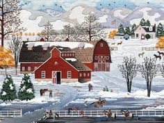 a painting of people riding horses in the snow near a barn and farm with red barns