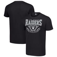 Channel the retro vibes of the Las Vegas Raiders with this Starter 80s Inspired Team Logo T-Shirt. This throwback tee features a bold Las Vegas Raiders wordmark printed across the torso for a vintage vibe. Made from 100% cotton, it offers a comfortable fit and feel that's perfect for everyday wear. Black Fan Gear T-shirt With Text Print, Black T-shirt With Text Print For Fans, Graphic Tee T-shirt With Logo For Fan Gear, Graphic Tee With Logo Print For Fan Gear, Throwback Graphic Print Fan Gear Top, Throwback Graphic Print Top For Game Day, Throwback T-shirt With Logo Print For Game Day, Throwback Crew Neck T-shirt For Game Day, Black Throwback T-shirt For Sports Events