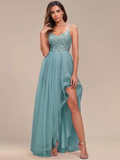 Spaghetti Strap Sequin Top A-Line High Low Tulle Evening Dress #color_Dusty Blue Light Blue Party Gown With Sweetheart Neckline, Party Gown In Light Blue With Sweetheart Neckline, Fitted Bodice Spaghetti Strap Bridesmaid Dress For Prom, Blue Spaghetti Strap Dress For Debutante Ball, Light Blue Prom Dress With Sweetheart Neckline, Light Blue Sweetheart Neckline Prom Dress, Light Blue Prom Evening Dress With Sweetheart Neckline, Spaghetti Strap Gown For Debutante Ball And Prom Season, Light Blue Evening Dress With Sweetheart Neckline