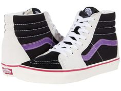 Vans SK8-Hi - Skate Shoes : (Retro Sport) Black/Amaranth Purple : Keep it old school every step of the way with the classic Vans SK8-Hi skateboard shoes! High-top skate shoes with a classic silhouette and Sidestrap detail. Uppers of suede, leather, or canvas. Cotton drill lining. Padded collar for added comfort and support. Triple-stitch collar adorns collar. Die-cut EVA insert. Vulcanized construction: • Slimmed-down profile offers a flexible feel. • Gum rubber outsole with signature waffle tre Lebron James Shoes, Skater Outfits, Skateboarding Shoes, Classic Vans, Shoes Retro, Retro Sport, Skateboard Shoes, Vans Sk8 Hi, Chic Leather