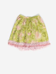 Vintage silk ruffle skirt in green and pink, handmade. This super cute skirt in lime green has a pastel pink floral design and ruffle along the hem. This skirt also features a pastel green zip and lemon yellow button closure on the back. Made from a lightweight silk. A beautiful spring/summer skirt that can be dressed up or down! Our recommended size: Medium (please note this skirt has no stretch) Label says: No size label Condition: Very good Material: No care label, confident it is silk Measur Pink Floral Design, Rose Pastel, Green And Pink, Summer Skirts, Size Label, Pastel Green, Cute Skirts, Green Skirt, Lemon Yellow