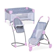 two baby cribs are shown, one is pink and the other is blue