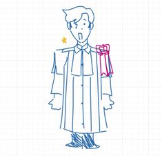 a drawing of a man in a robe holding a gift box with stars on it