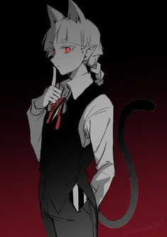 an anime character with red eyes wearing a black vest and cat ears on his head