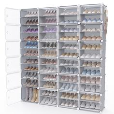 a large shoe rack with many pairs of shoes on it's sides and shelves