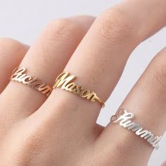 "** STACKABLE NAME RING - MEGAN FONT, made from sterling silver and available in 18k gold plated. This ring can be personalized with names (up to 10 characters/name)of your loved ones. Please note that the listing and the price is for an individual ring. I T E M ∙ D E T A I L S * Dimensions: Uppercase letters are approx. 5.5mm, lowercase letters are approx. 2.5mm * Character limits: up 10 characters * Material: Sterling silver * Color: Sterling silver, 18k Yellow gold-plated, 18k Rose gold-plate Customized Nameplate Rings For Anniversary, Meaningful Open Ring Jewelry For Anniversary, Silver Nameplate Ring As Gift, Silver Nameplate Rings For Gift, Silver Nameplate Rings As Gifts, Silver Nameplate Rings For Anniversary, Personalized Gold Sterling Silver Ring, Personalized Open Ring For Mother's Day, Custom Name Open Ring Jewelry For Mother's Day